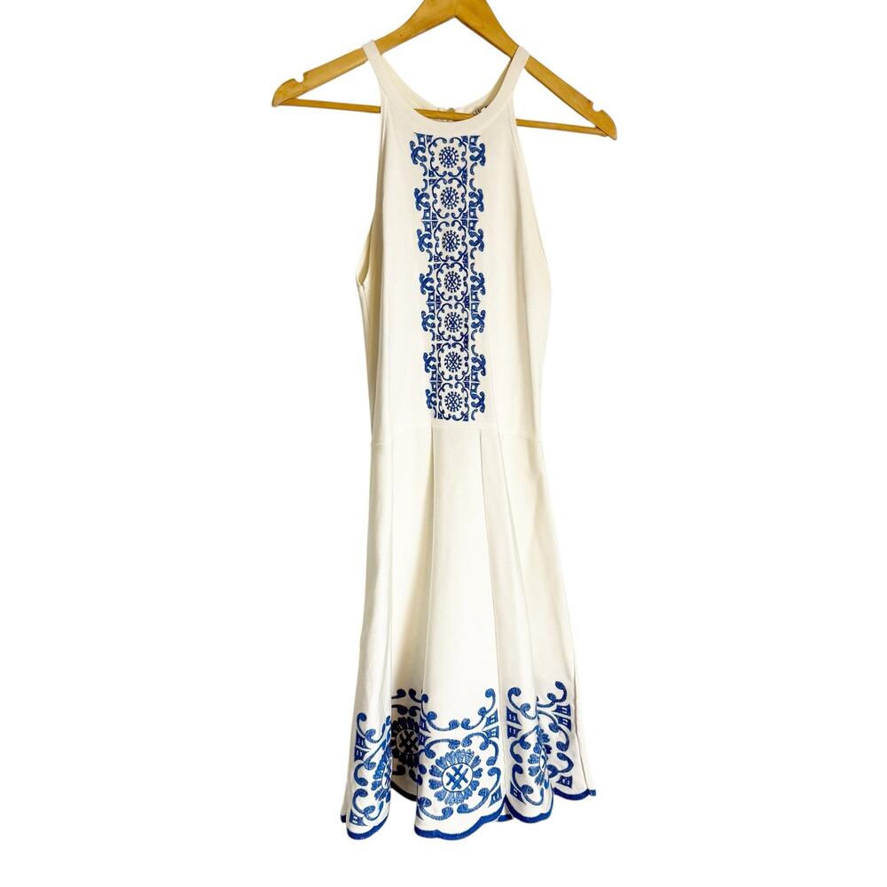 Parker Cheryl White Blue Embroidery Knit Halter Fit & Flare Preppy Coastal Dress - Picture 5 of 16